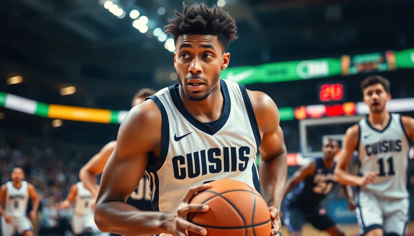 Dynamic action photo of an NBA point guard reading a defensive setup mid-dribble with focused eyes scanning the court