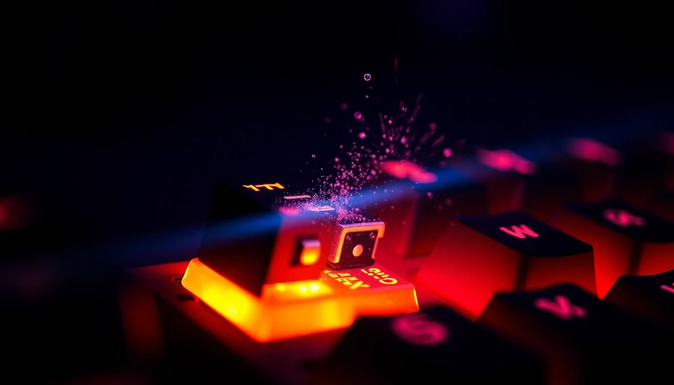 Macro photo of mechanical keyboard switch being pressed showing actuation point
