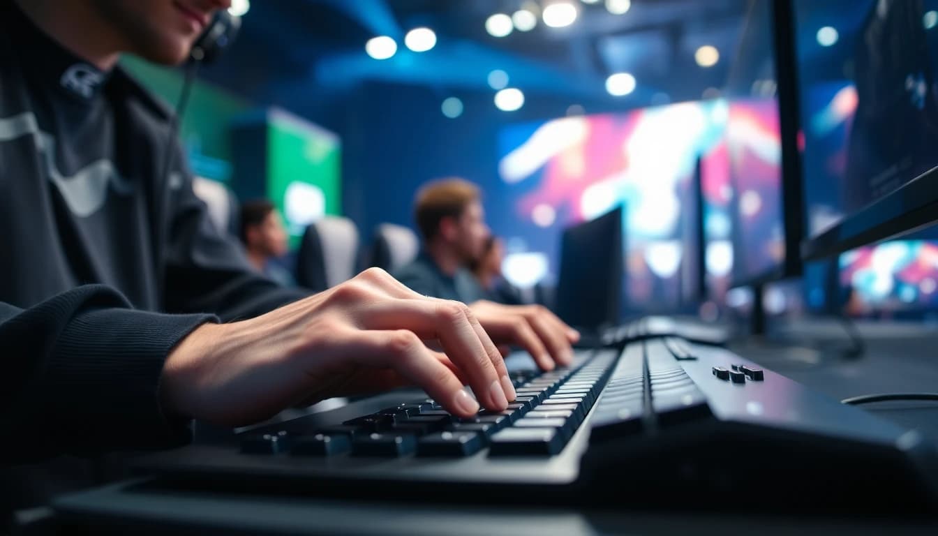 Professional esports player using mechanical gaming keyboard during tournament