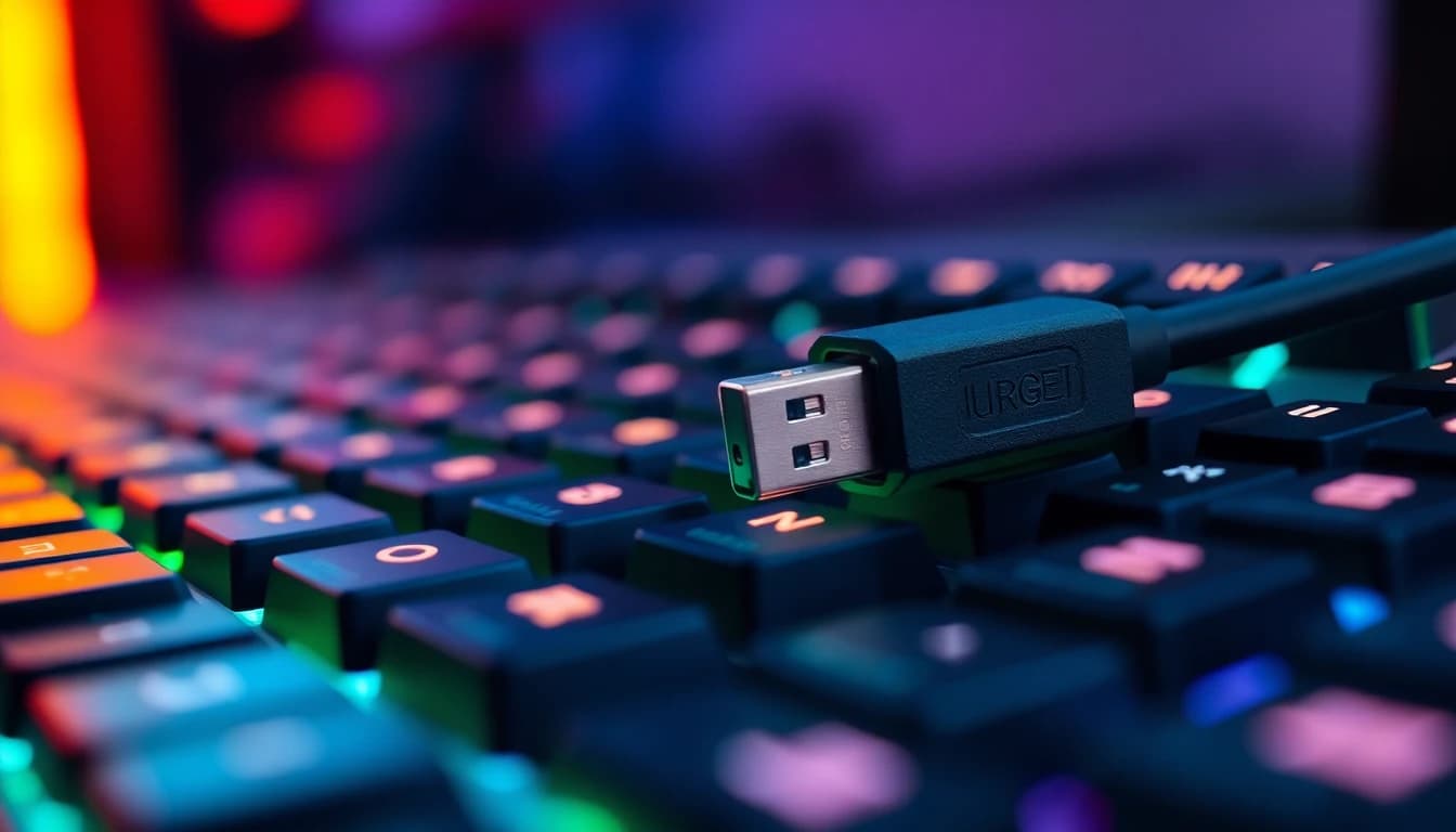 Wired gaming keyboard with USB cable showing low-latency connection