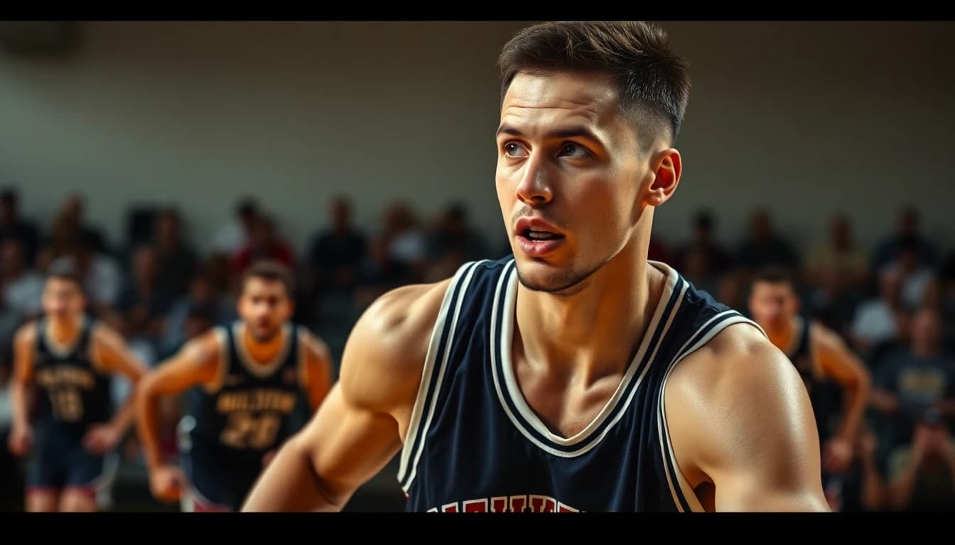 Athletic basketball player using peripheral vision to track teammates during game
