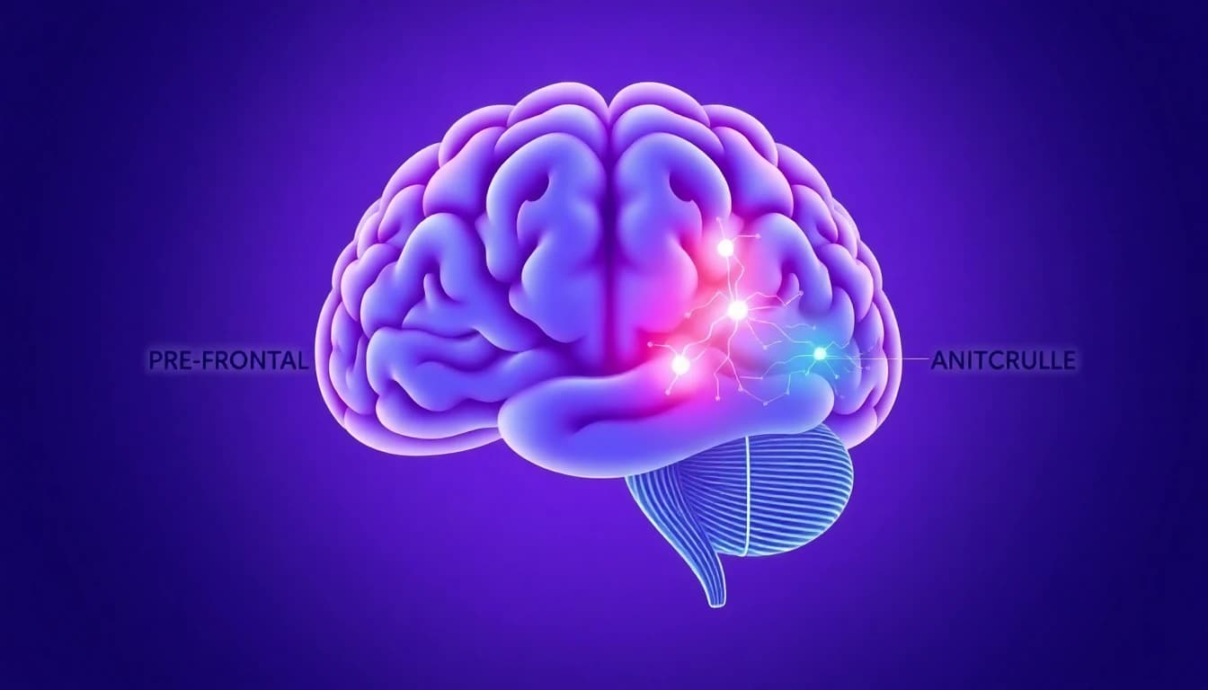 Brain illustration highlighting prefrontal cortex and anterior cingulate cortex involved in Stroop interference