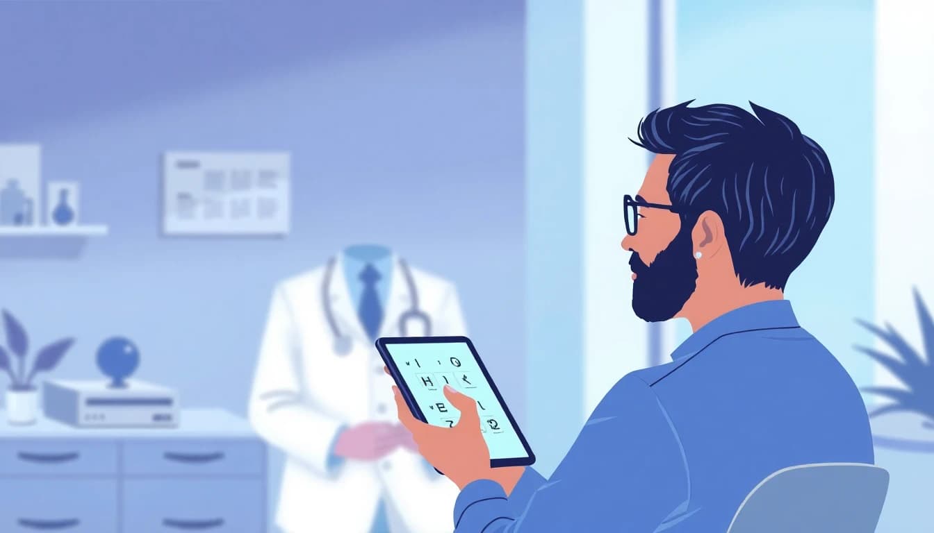 Person taking a cognitive Stroop test on a tablet in clinical assessment setting