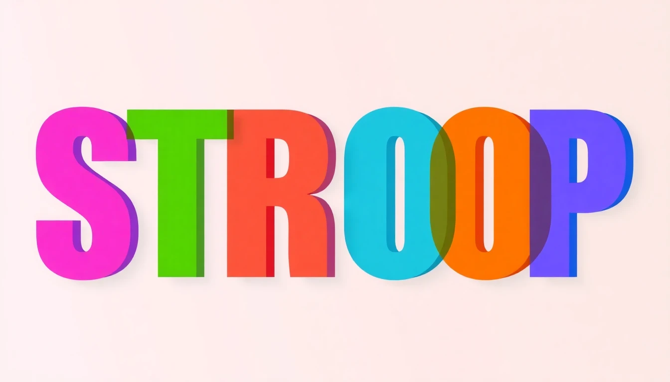 Stroop test illustration with overlapping colored letters showing the interference effect