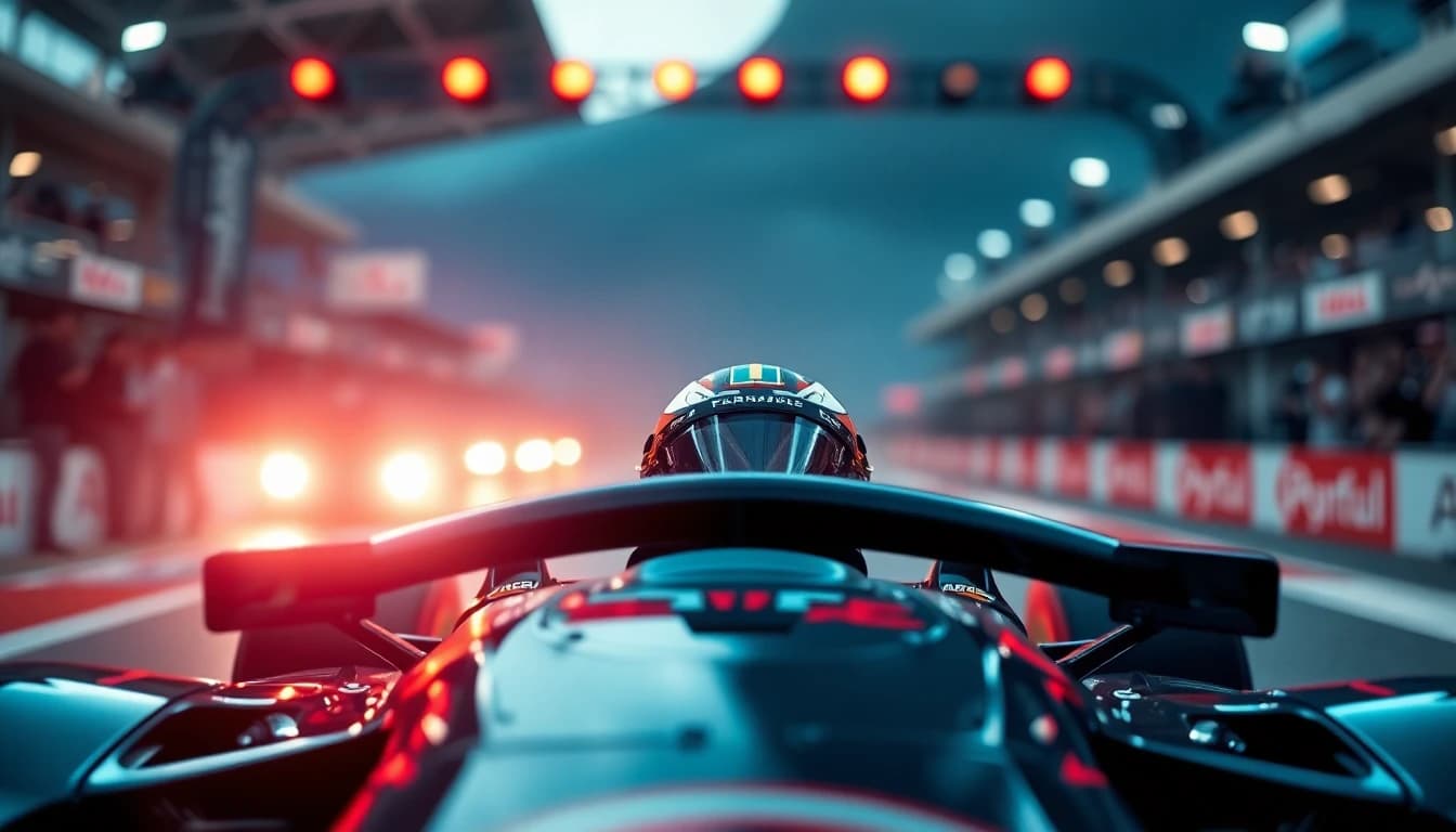 Dramatic photo of a Formula 1 race car at the starting grid with all five red lights illuminated, driver helmet visible through the cockpit