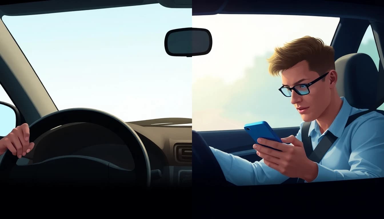 Comparison: alert focused driver vs distracted driver looking at phone