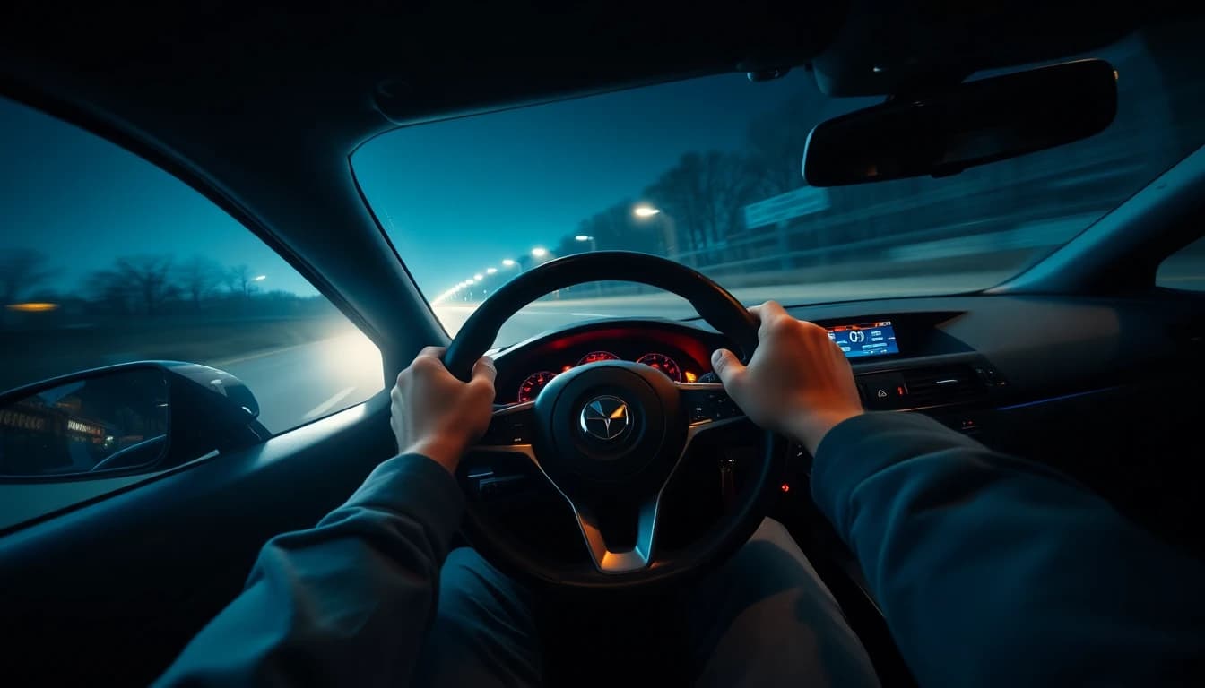 First-person driving view: hands on steering wheel, foot pressing brake during emergency stop