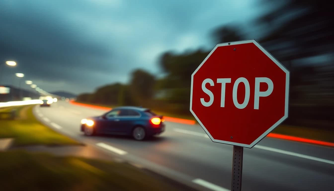 Red stop sign with motion-blurred car wheels indicating emergency braking