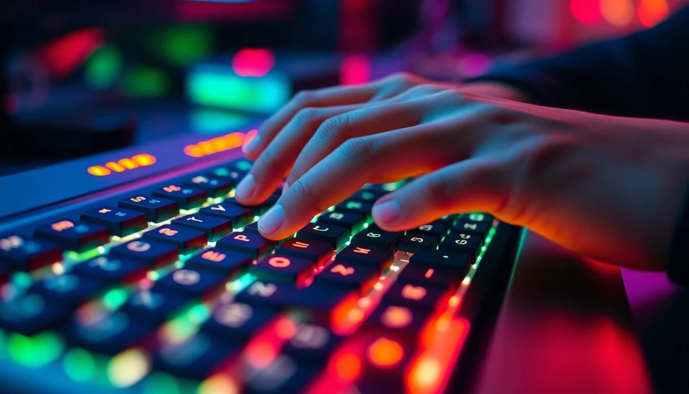 Hands typing rapidly on a backlit mechanical keyboard with motion blur